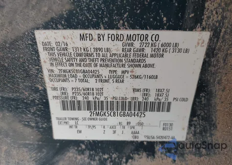 2016 Ford Flex Sel z USA, uszkodzony, nr VIN 2FMGK5C81GBA04425